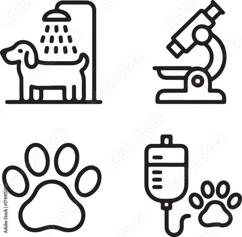 Veterinary Services Line Art Icons Featuring Dog Bathing and Microscope