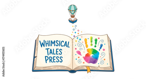 Whimsical tales press logo with open book and handprint vector design
