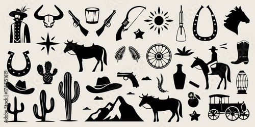 Collection of western cowboy and wild west silhouette icons and symbols for design