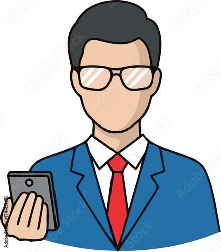 strategic communicator modern business leader engaged with digital mobile technology, isolated on transparent background