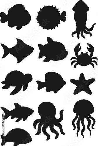 Set of sea animal and fish silhouettes vector collection