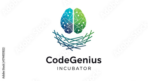 Code genius incubator logo with brain and nest vector design