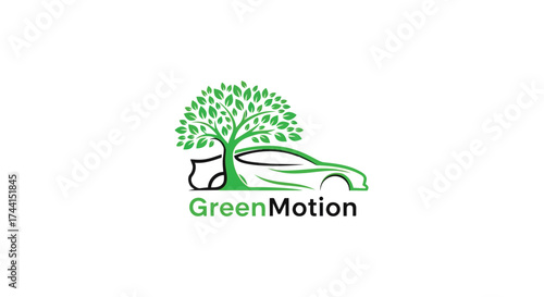 Green motion logo with tree and car vector design