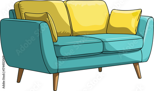 vibrant comfort oasis modern teal sofa beckons with sunny yellow cushions, isolated on transparent background
