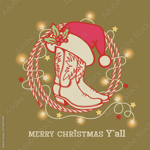 Cowboy Christmas card with Cowboy boots and Santa hat Christmas lights Holiday decoration on vintage paper texture. This design captures the spirit of country style Christmas vintage green card
