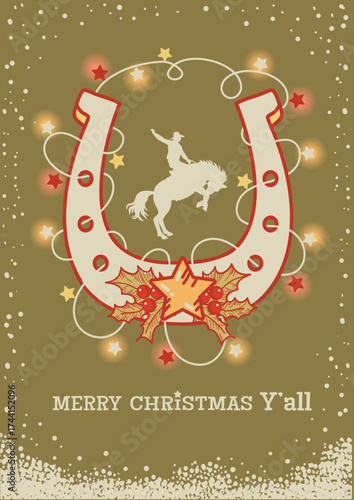 Christmas Rodeo vector card illustration with horseshoe Christmas lights Holiday decoration on green red background with cowboy riding wild horse silhouette and holiday rodeo text