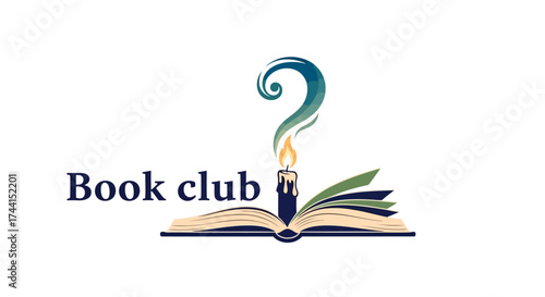 Book club logo with open book, candle and question mark vector design