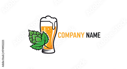 Beer logo with glass and hop for company name vector design