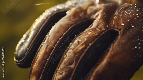 Close up of a leather glove with water droplets