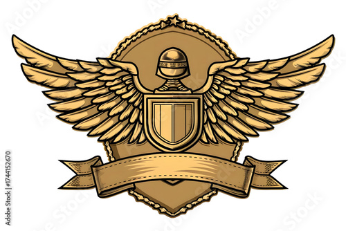 AI Image of an Elaborate Winged Crest with Military Helmet and Banner Symbol, Gold Embellishments
