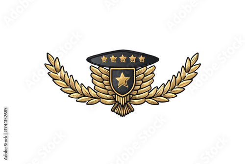 AI Image A gilded emblem with a shield, star, wings, laurel branches and five stars on a black