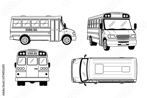 School bus blueprint views set, Multiple angle views