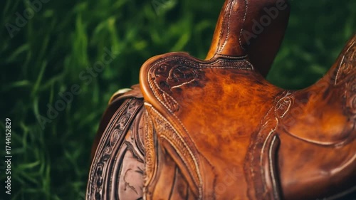 Close up of a leather saddle on green grass
