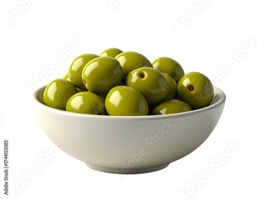  Pile of Green Olives in a Small Ceramic Bowl, 3D Render Isolated on White