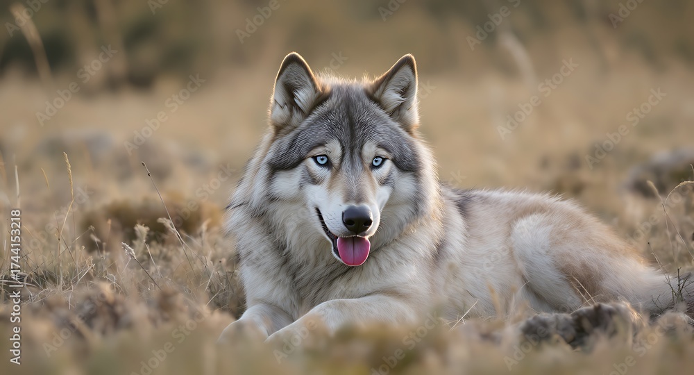 Fototapeta premium Gray wolf with blue eyes resting on dry grassland in natural habitat