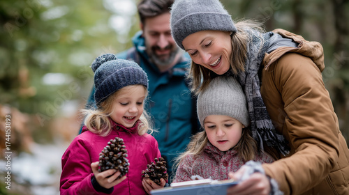 A family participates in a winter scavenger hunt through forest trails carrying clipboards and searching for animal tracks pine cones and frozen berries while parents provide