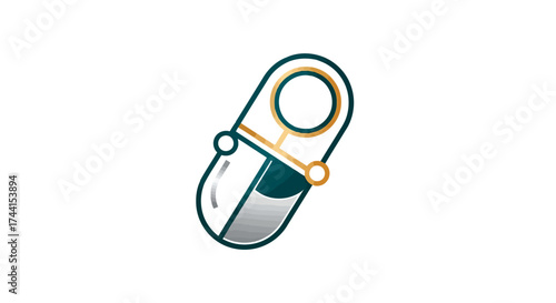 Pill with magnifying glass logo concept for pharmaceutical vector design