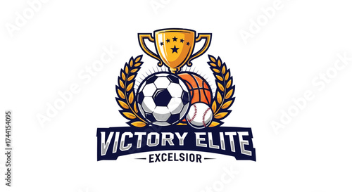 Victory elite excelsior logo with trophy, soccer, basketball and baseball vector design