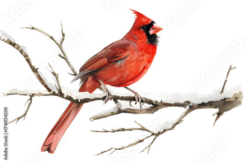 AI Image: Northern cardinal perched atop a snow-covered branch against a stark black backdrop,