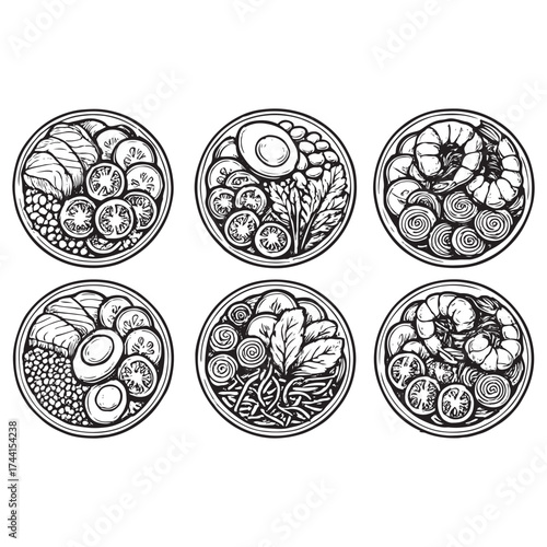 poke bowl collection. Salmon, cucumber, tomato, egg, shrimp and other vector