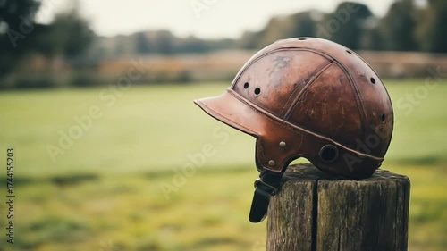 Close up of a vintage leather helmet on a wooden post outdoors
