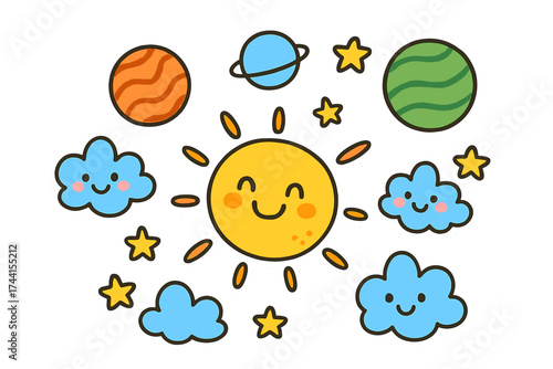 Cheerful Cosmic Stickers. Bright doodle stickers: smiling sun, tiny planets and clouds floating, cheerful doodle charm, white