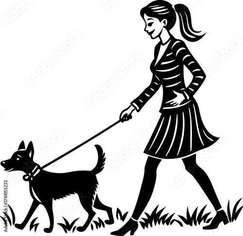 Black and white line art of a woman walking a dog on a leash vector