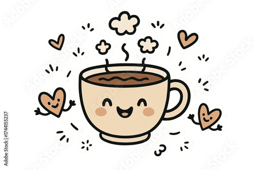 Joyful Coffee Stickers. Joyful doodle stickers: happy coffee cup, tiny steam clouds and hearts waving, playful doodle details,