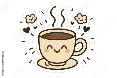 Joyful Coffee Stickers. Joyful doodle stickers: happy coffee cup, tiny steam clouds and hearts waving, playful doodle details,