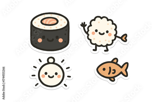 Adorable Doodle Stickers. Adorable doodle stickers: smiling sushi roll, tiny fish and rice waving, cheerful doodle charm, white
