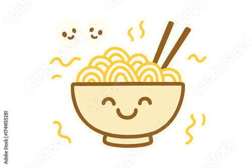 Joyful Ramen Doodle. Joyful doodle stickers: smiling bowl of ramen, tiny noodles and eggs floating, playful doodle style, white