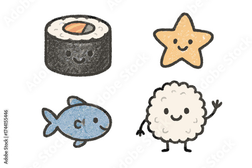 Adorable Doodle Stickers. Adorable doodle stickers: smiling sushi roll, tiny fish and rice waving, cheerful doodle charm, white