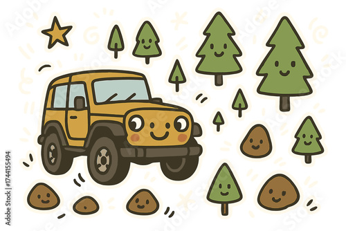 Whimsical Doodle Stickers. Whimsical doodle stickers: smiling jeep, tiny trees and rocks jumping, playful doodle details, white