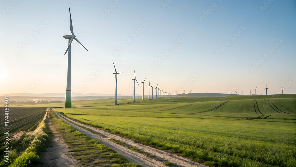 Obraz premium Wind turbines on green field at sunrise producing renewable energy and representing sustainability clean technology and eco friendly power generation concept