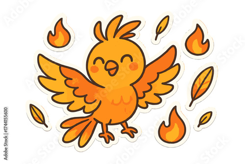 Whimsical Phoenix Stickers. Whimsical doodle stickers: happy phoenix, tiny flames and feathers floating, cheerful doodle charm,