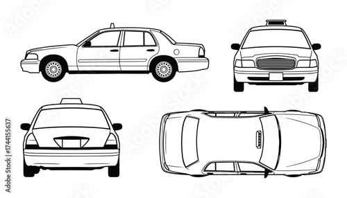 Taxi Cab Car Vehicle Vector Illustration Black and White Blueprint