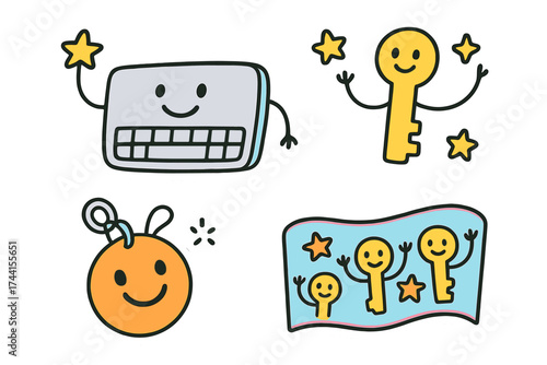 Colorful Doodle Stickers. Bright doodle stickers: smiling keyboard, tiny keys and stars waving, cheerful doodle charm, white