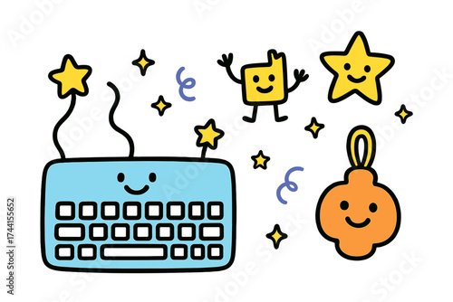 Colorful Doodle Stickers. Bright doodle stickers: smiling keyboard, tiny keys and stars waving, cheerful doodle charm, white