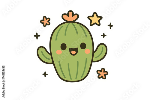 Happy Cactus Doodle. Adorable doodle stickers: happy cactus with eyes, tiny flowers and stars floating, cheerful doodle charm,