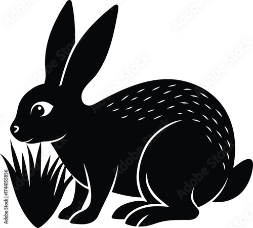 A cute black rabbit vector illustration with a carrot is a funny cartoon design for Easter or a farm animal icon