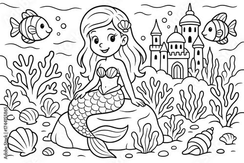 Mermaid Kingdom Coloring. Mermaid kingdom coloring page: mermaid sitting on a rock, seashells and coral reef around, fish swimming
