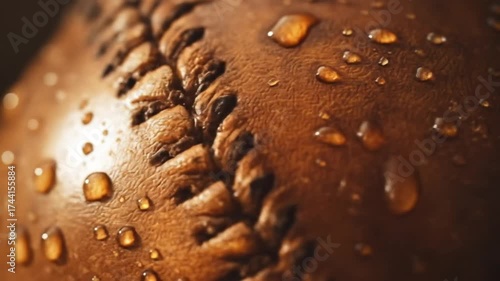 Close up of a leather sphere with water droplets detail