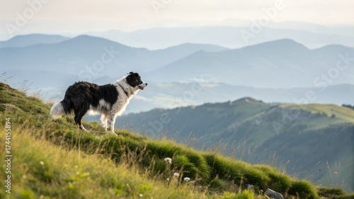 Wallpaper Mural Border Collie standing on grassy hilltop with panoramic mountain view under morning sunlight symbolizing adventure, loyalty and freedom ideal for travel and pet lifestyle visuals Torontodigital.ca