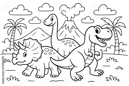 Dinosaur Adventure Coloring. Dinosaur adventure coloring page: group of dinosaurs (t-rex, triceratops, brontosaurus) walking