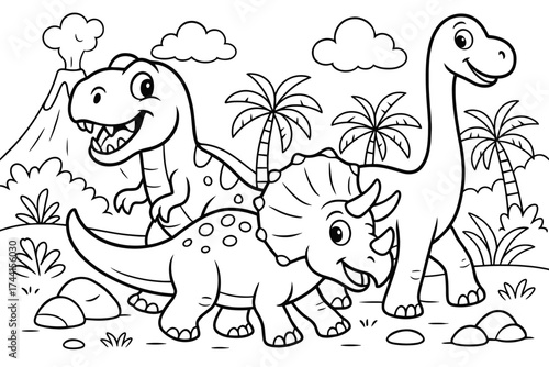 Dinosaur Adventure Coloring. Dinosaur adventure coloring page: group of dinosaurs (t-rex, triceratops, brontosaurus) walking