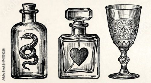 Vintage engraved illustration of apothecary bottles and ornate goblet, featuring snake in glass jar, heart potion bottle, and decorative chalice