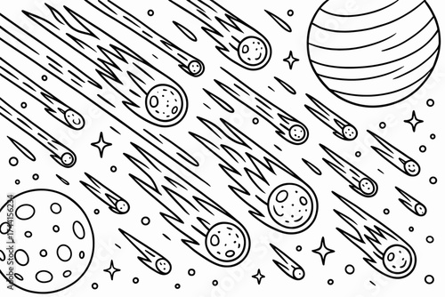 Meteor Shower Coloring. Meteor shower coloring page: comets and meteors falling across sky, planets visible, black and white
