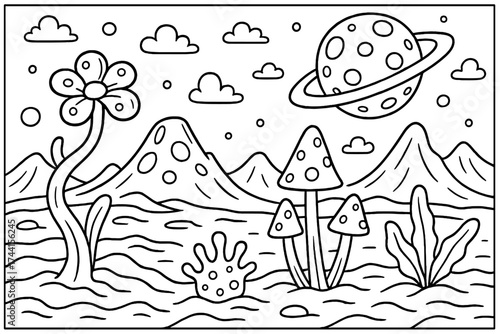 Alien Planet Landscape. Alien planet coloring page: strange alien landscape, unusual plants, cratered mountains, black and white