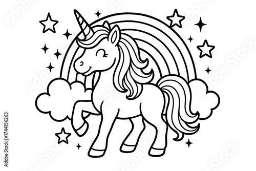 Unicorn Magic Coloring. Unicorn coloring page: unicorn with flowing mane, rainbow and clouds, stars twinkling, black and white