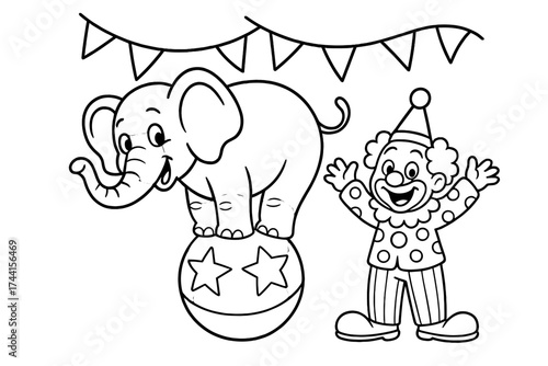 Circus Elephant Fun. Circus coloring page: elephant standing on ball, clown cheering nearby, circus flags waving, black and white